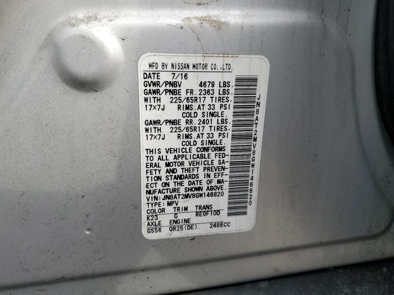 2016 Nissan Rogue VIN JN8AT2MV8GW146820 Copart auction photo, front end / undercarriage damage thumbnail 13