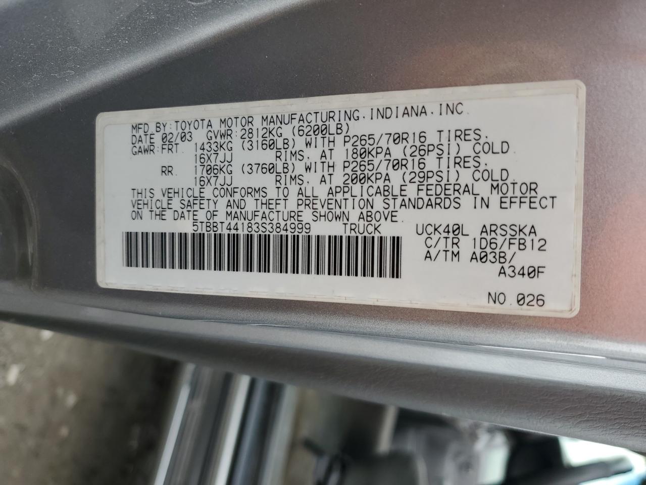 2003 Toyota Tundra VIN 5TBBT44183S384999 Copart auction photo, rear end damage thumbnail 12