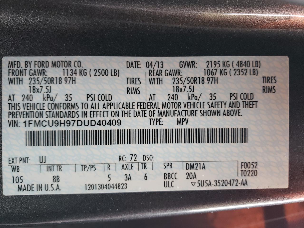 2013 Ford Escape VIN 1FMCU9H97DUD40409 Copart auction photo, front end / undercarriage damage thumbnail 13
