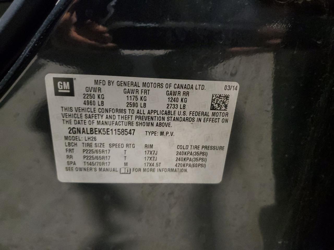2014 Chevrolet Equinox VIN 2GNALBEK5E1158547 Copart auction photo, rear end / minor dent/scratches damage thumbnail 15
