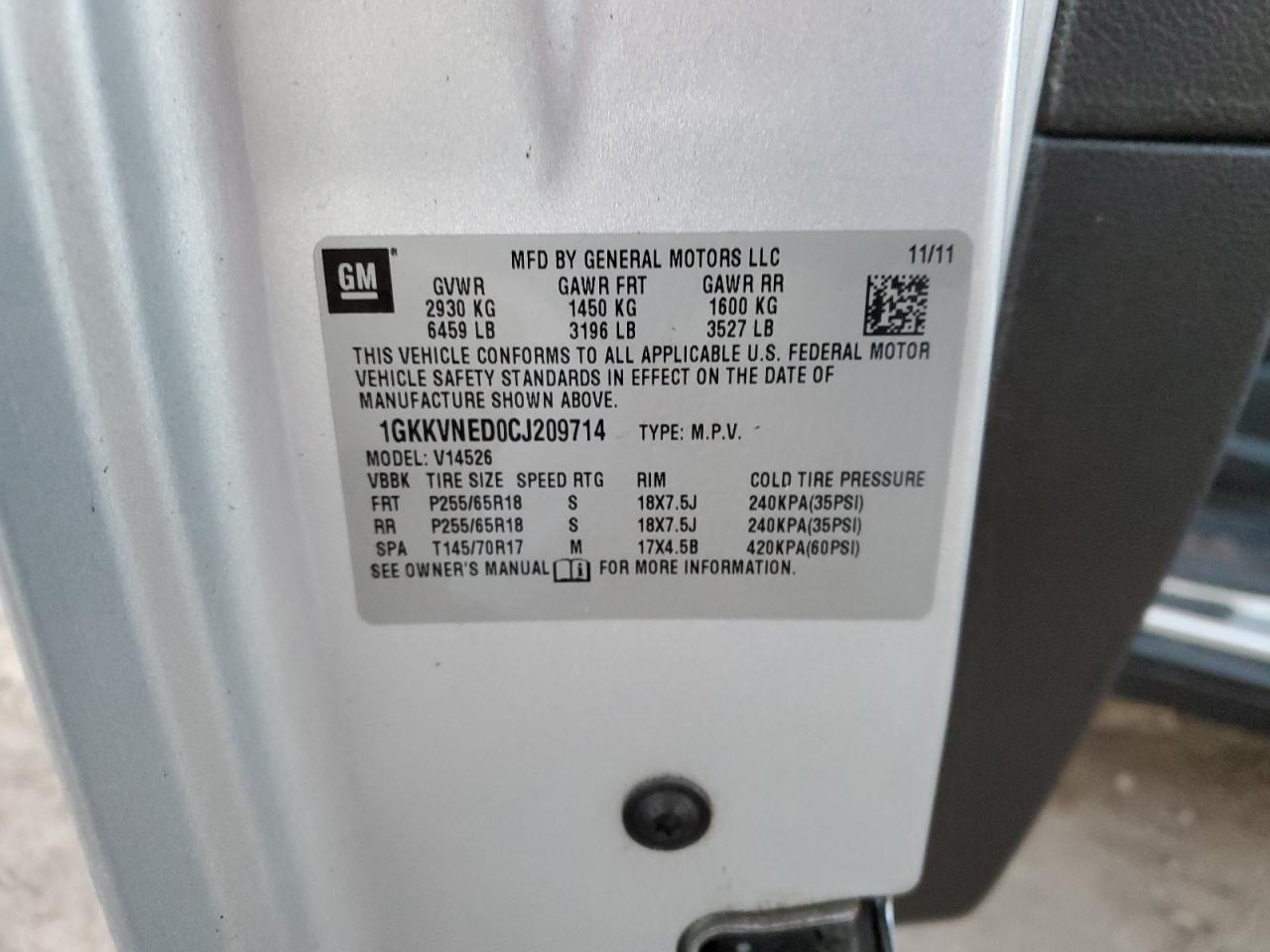 2012 GMC Acadia VIN 1GKKVNED0CJ209714 Copart auction photo, rear end damage thumbnail 13