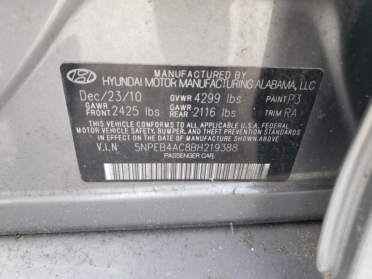 2011 Hyundai Sonata VIN 5NPEB4AC8BH219388 Copart auction photo, front end / rear end damage thumbnail 12