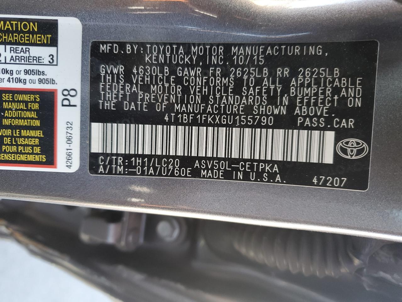 2016 Toyota Camry VIN 4T1BF1FKXGU155790 Copart auction photo, side / hail damage thumbnail 13