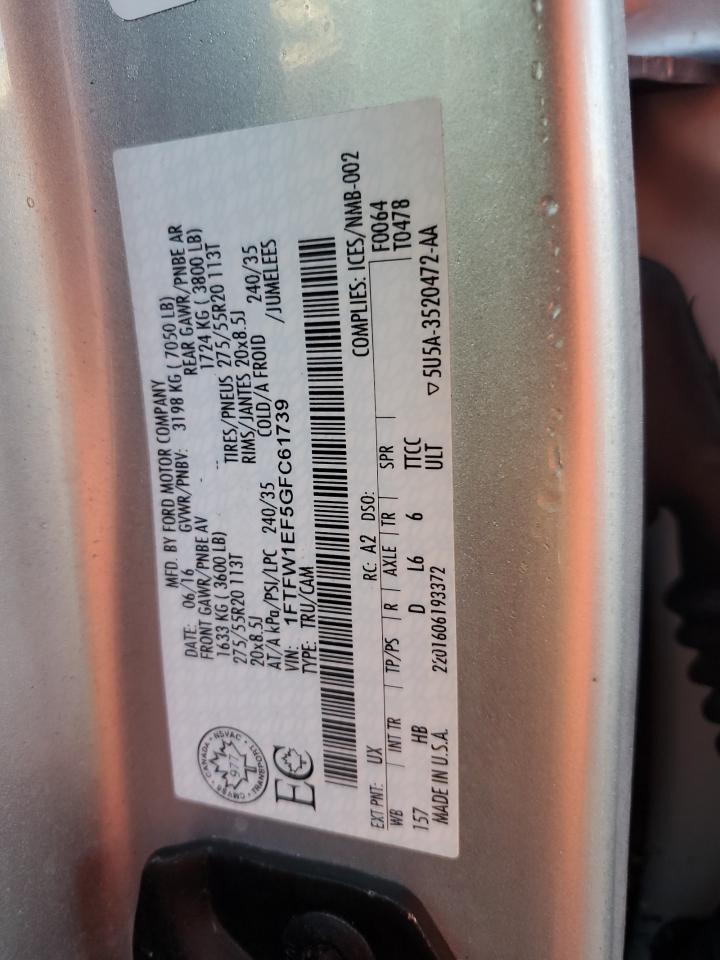 2016 Ford F-150 VIN 1FTFW1EF5GFC61739 Copart auction photo, water/flood damage thumbnail 13