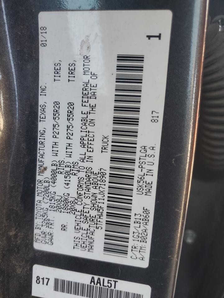 2018 Toyota Tundra VIN 5TFHW5F11JX718907 Copart auction photo, rear end / top/roof damage thumbnail 12