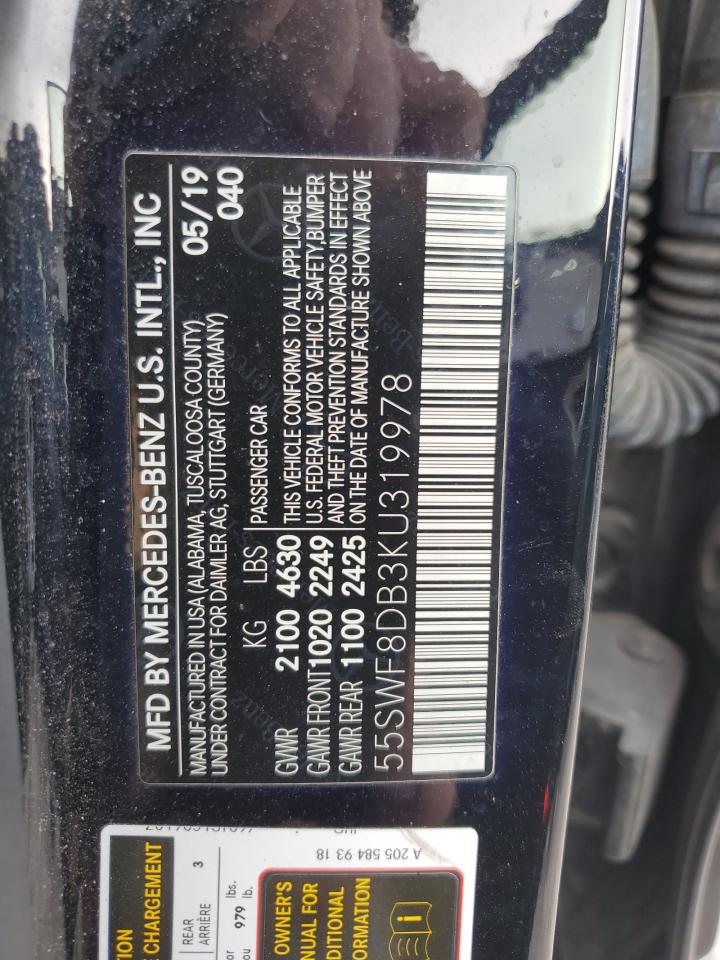 2019 Mercedes-Benz C-klasse VIN 55SWF8DB3KU319978 Copart auction photo, rear end / minor dent/scratches damage thumbnail 12