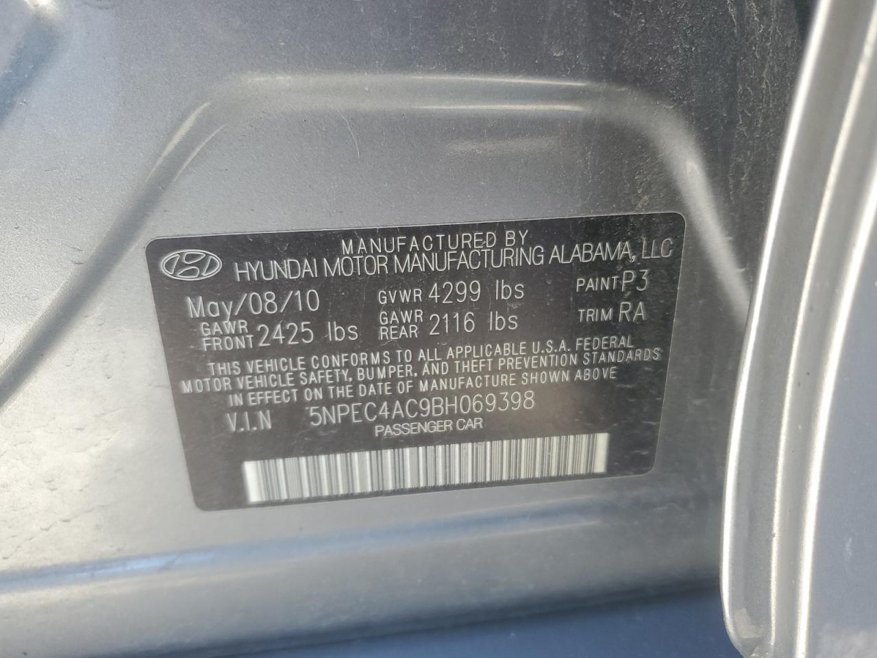 2011 Hyundai Sonata VIN 5NPEC4AC9BH069398 Copart auction photo, front end / rear end damage thumbnail 12
