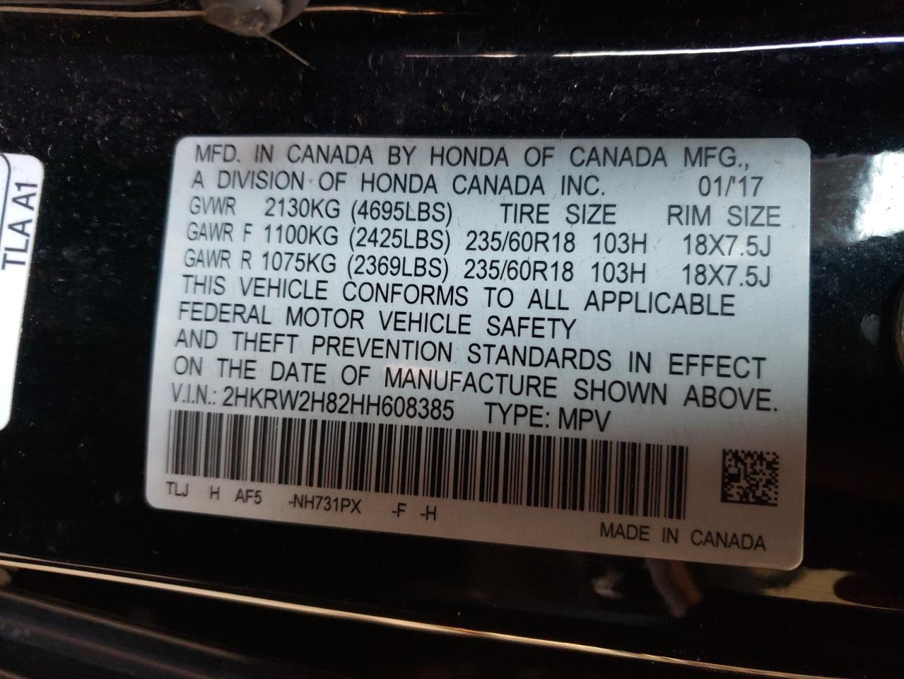2017 Honda CR-V VIN 2HKRW2H82HH608385 Copart auction photo, front end damage thumbnail 14