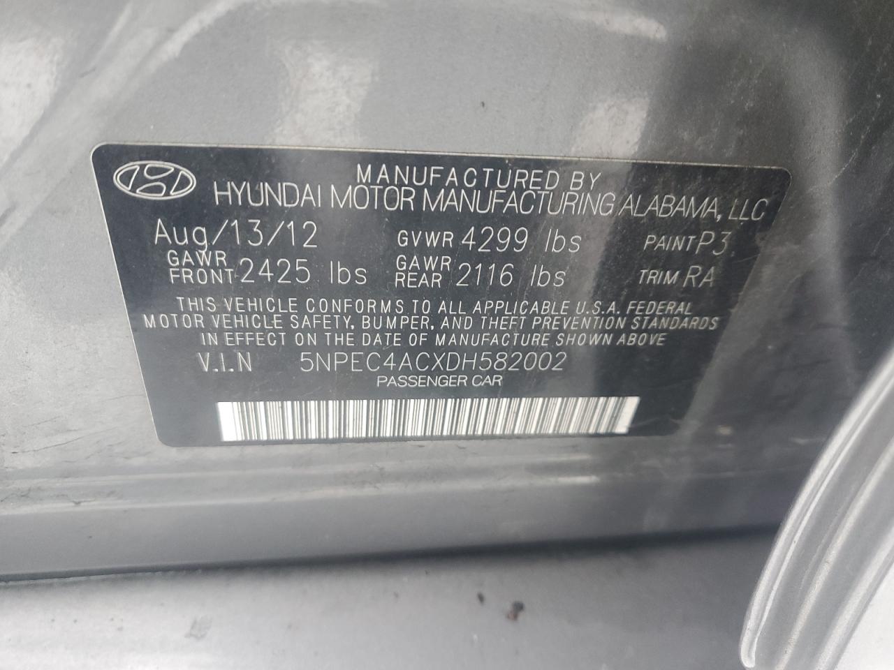 2013 Hyundai Sonata VIN 5NPEC4ACXDH582002 Copart auction photo, side damage thumbnail 12