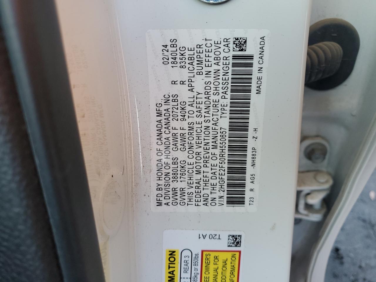 2024 Honda Civic VIN 2HGFE2F50RH550657 Copart auction photo, front end / rear end damage thumbnail 12