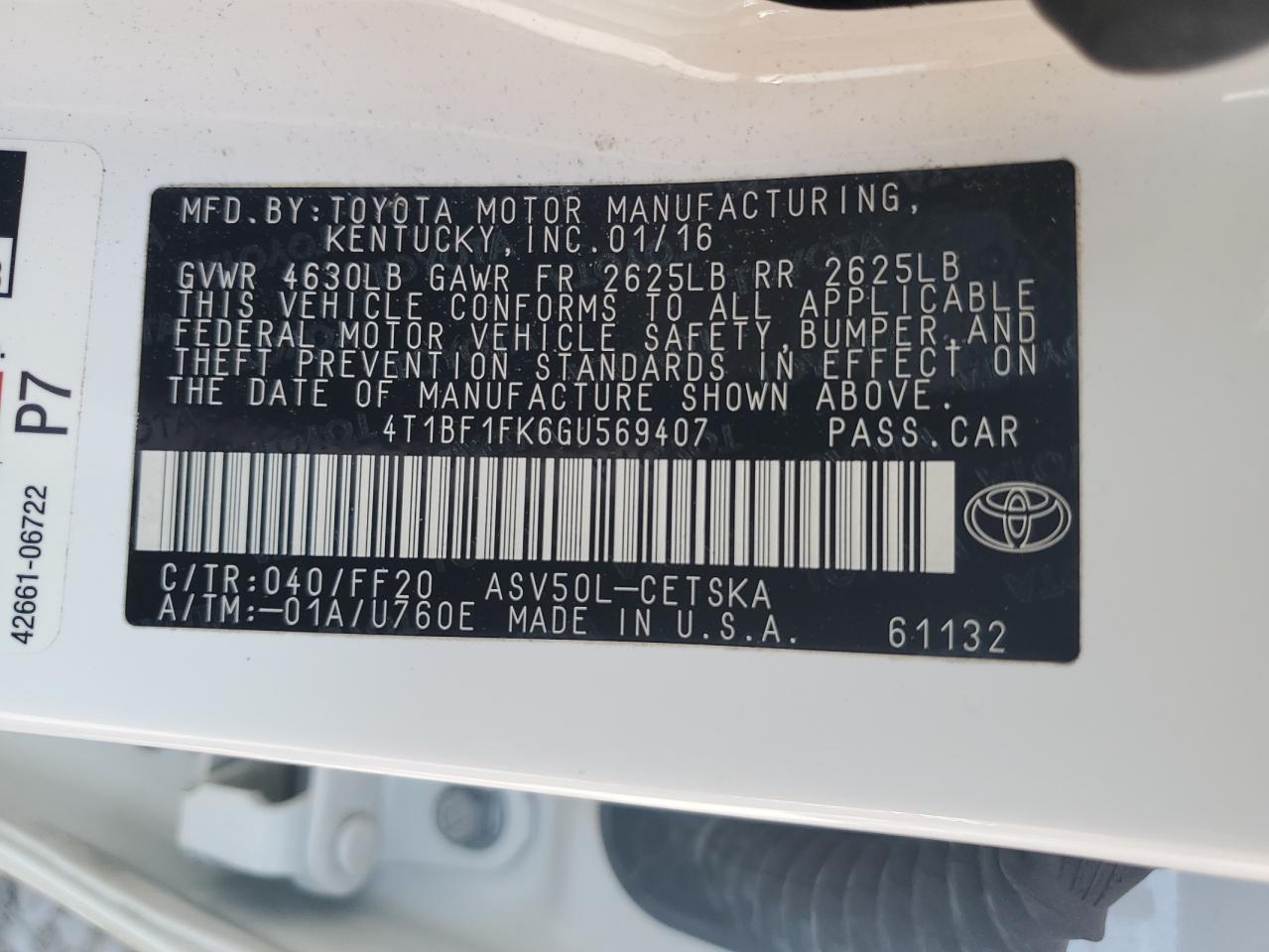 2016 Toyota Camry VIN 4T1BF1FK6GU569407 Copart auction photo, rear end damage thumbnail 13