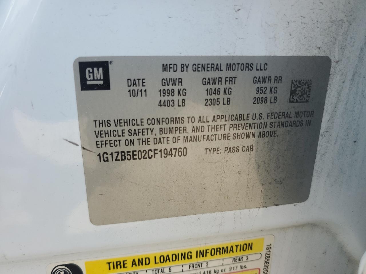 2012 Chevrolet Malibu VIN 1G1ZD5E0XCF194760 Copart auction photo, front end / side damage thumbnail 14