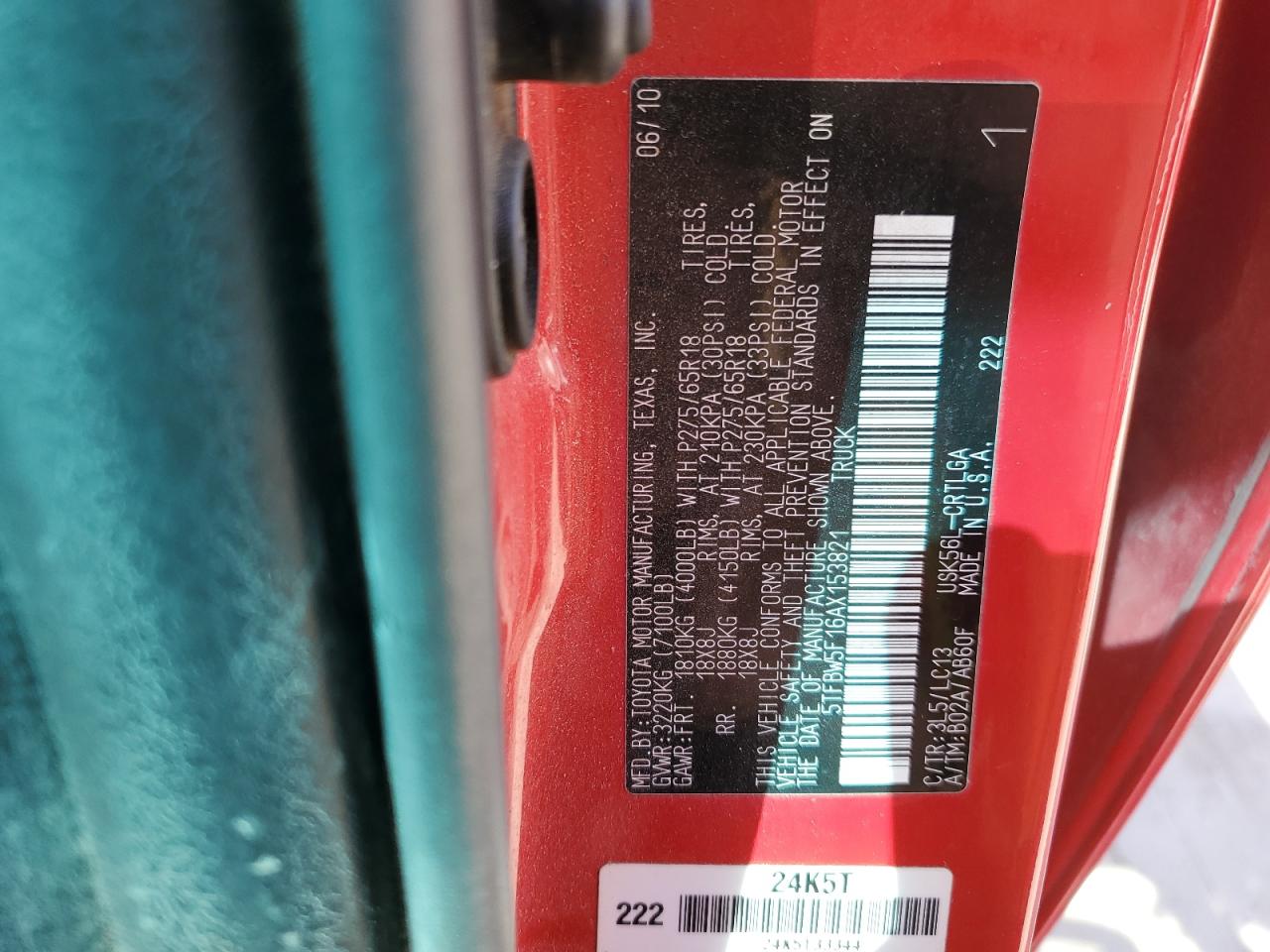 2010 Toyota Tundra VIN 5TFBW5F16AX153821 Copart auction photo, vandalism / front end damage thumbnail 12