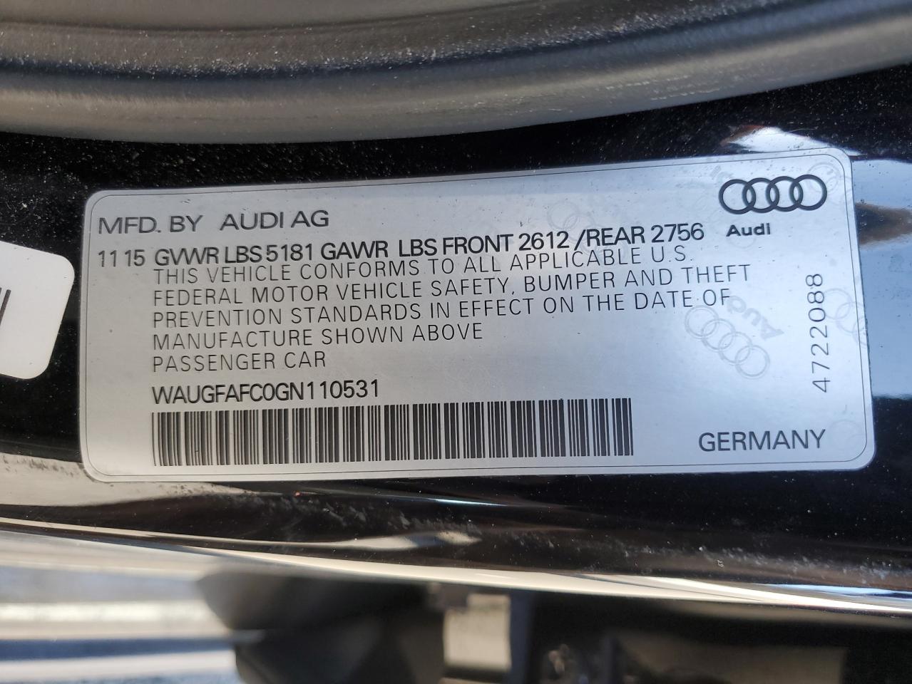 2016 Audi A6 VIN WAUGFAFC0GN110531 Copart auction photo, front end / undercarriage damage thumbnail 12