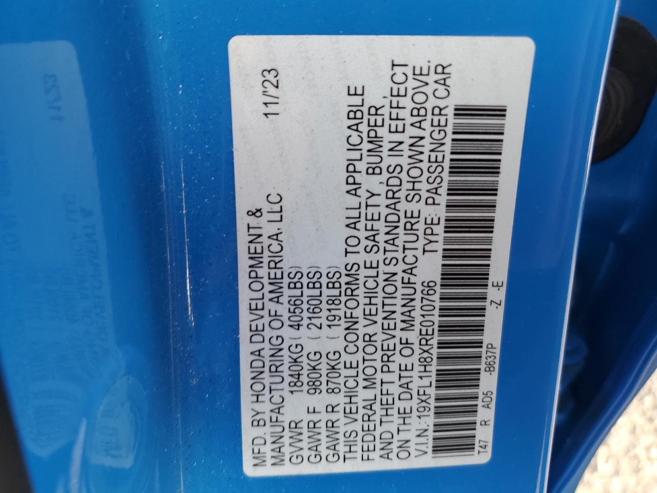2024 Honda Civic VIN 19XFL1H8XRE010766 Copart auction photo, mechanical damage thumbnail 12