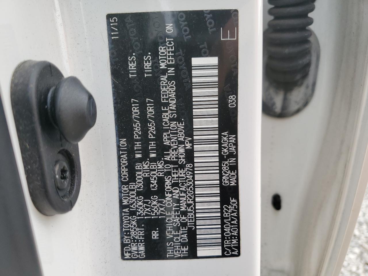 2016 Toyota 4Runner VIN JTEBU5JR2G5304978 Copart auction photo, front end damage thumbnail 13