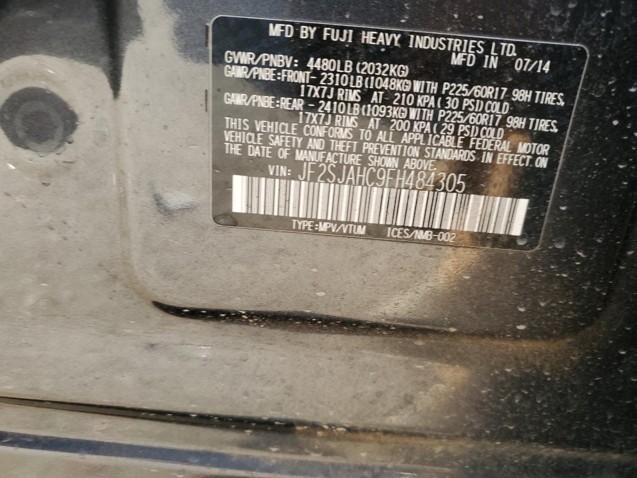 2015 Subaru Forester VIN JF2SJAHC9FH484305 Copart auction photo, front end damage thumbnail 15