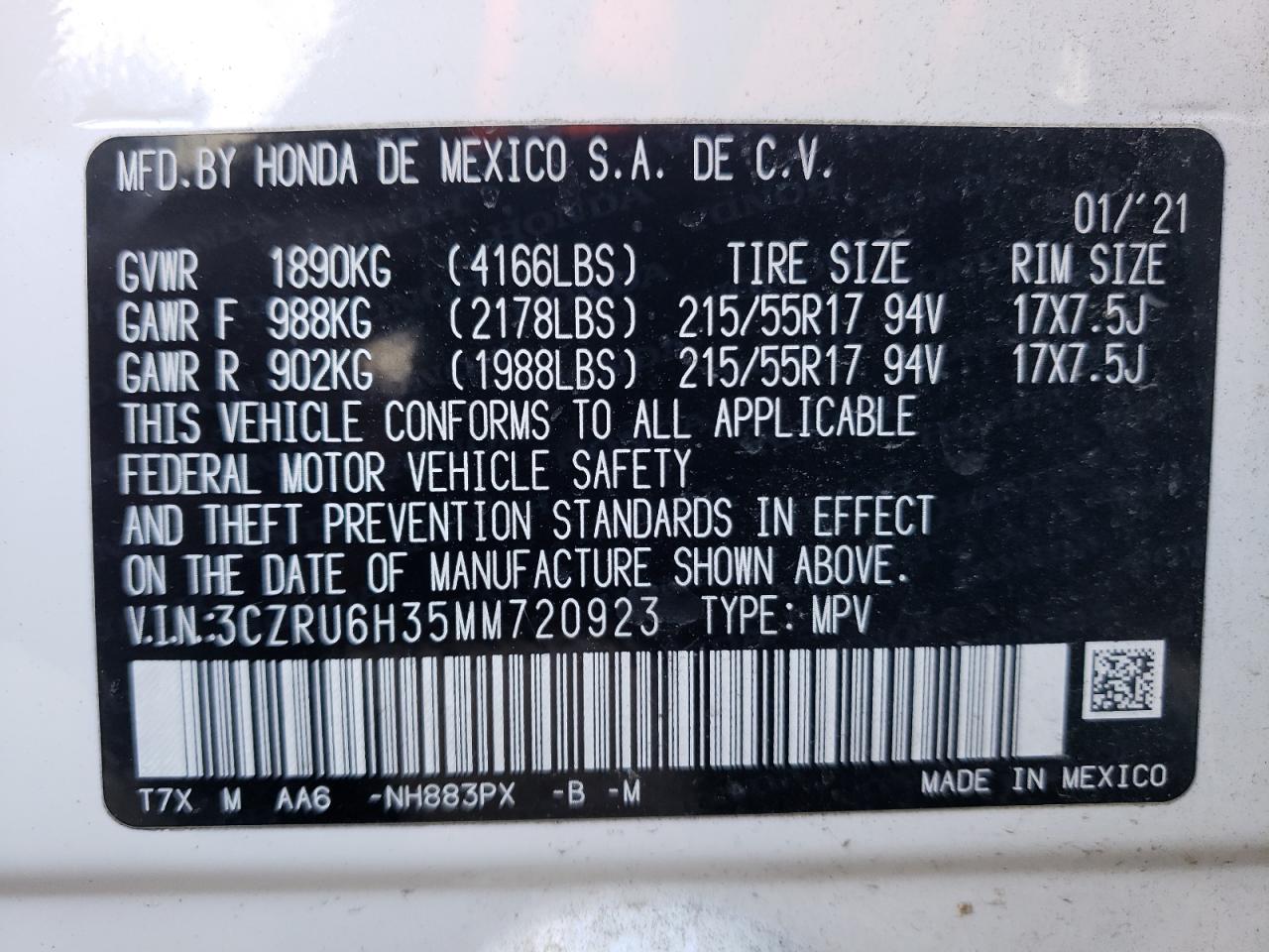 2021 Honda HR-V VIN 3CZRU6H35MM720923 Copart auction photo, side / rear end damage thumbnail 13