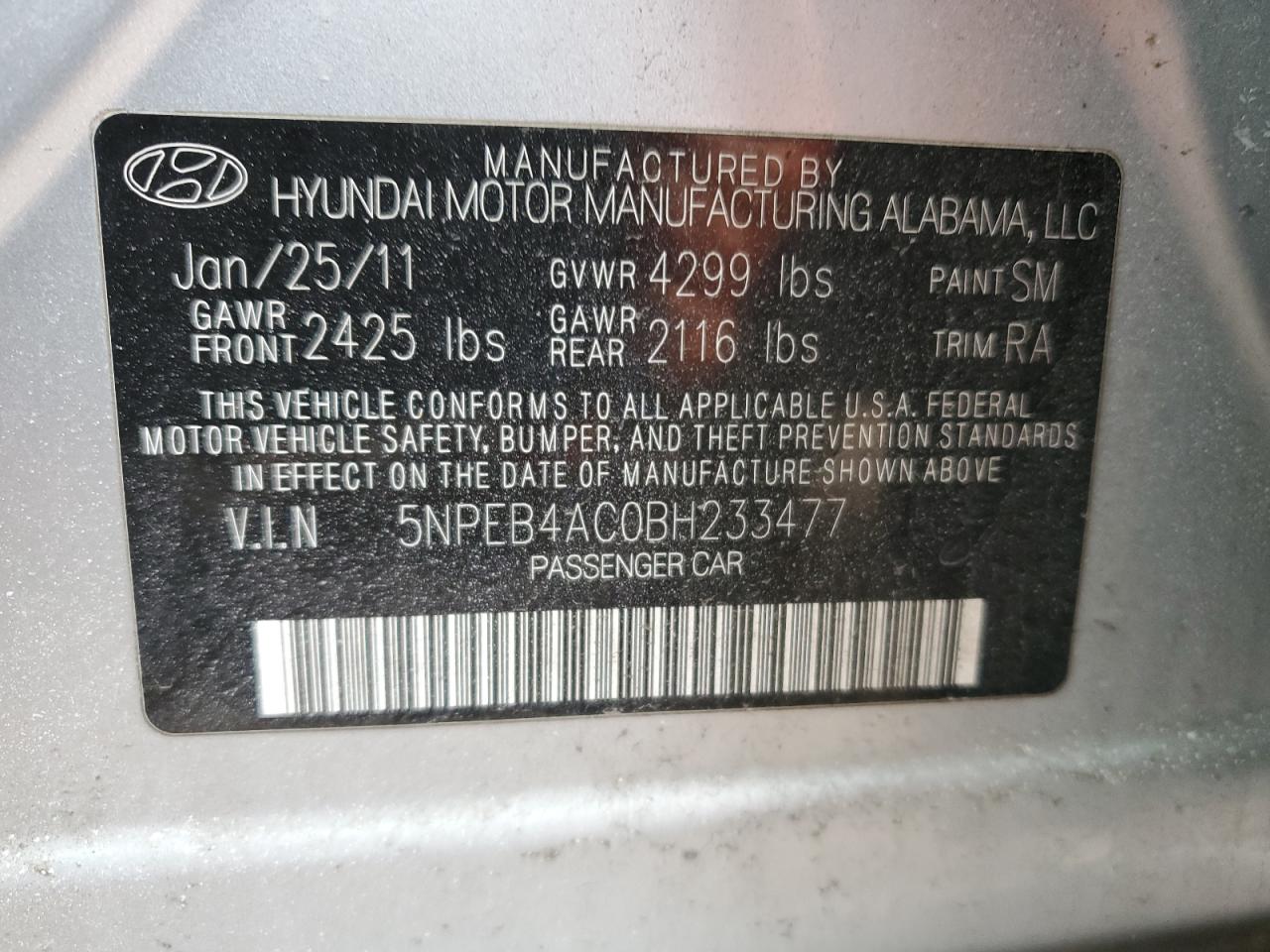 2011 Hyundai Sonata VIN 5NPEB4AC0BH233477 Copart auction photo, front end / minor dent/scratches damage thumbnail 12