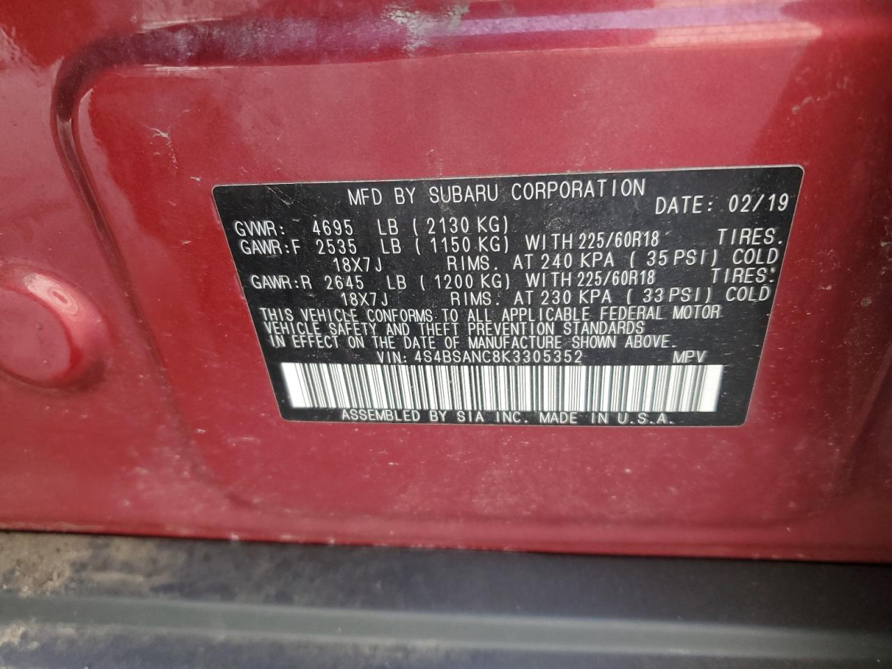 2019 Subaru Outback VIN 4S4BSANC8K3305352 Copart auction photo, rear end / side damage thumbnail 13