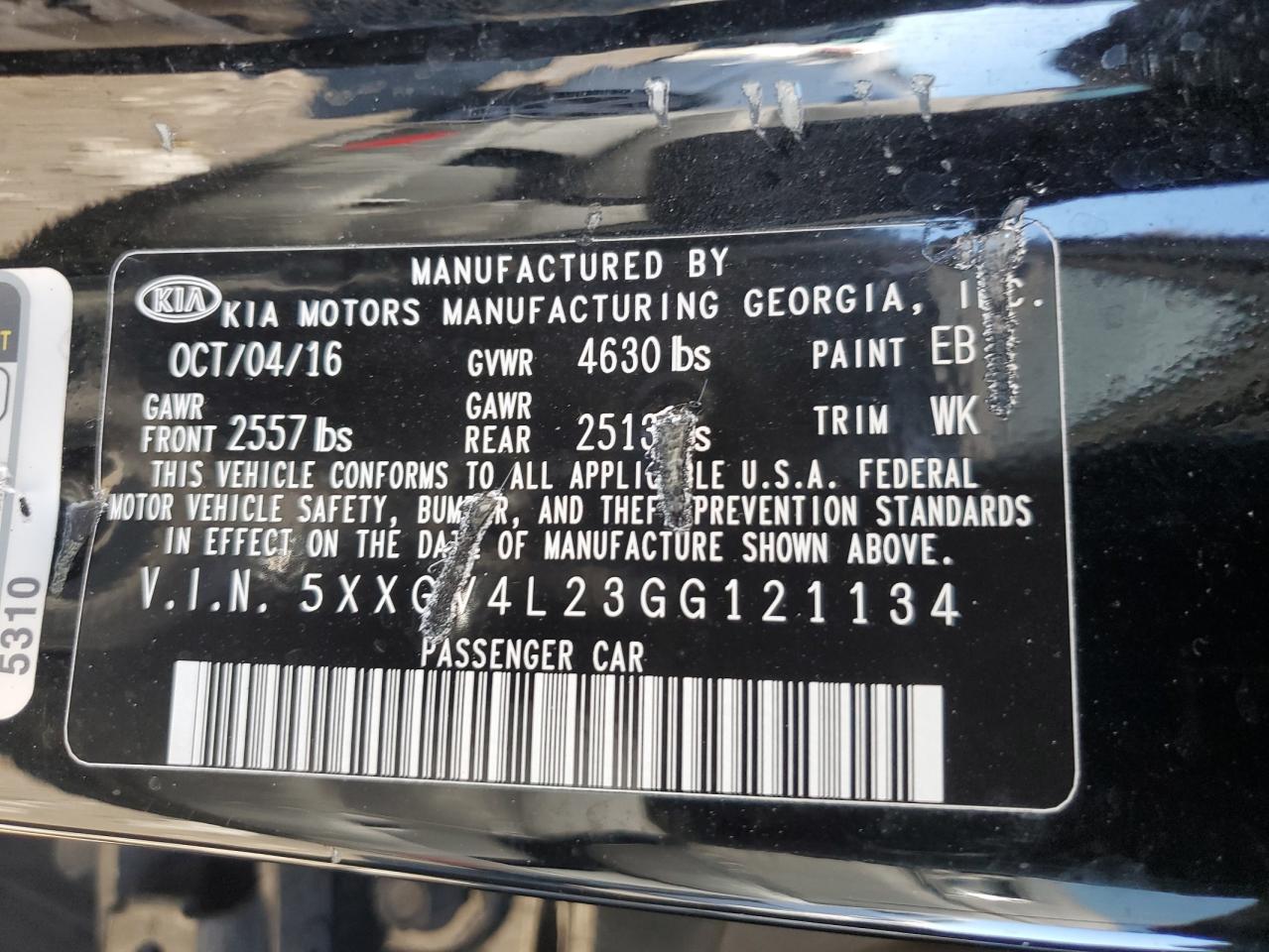 2016 KIA Optima VIN 5XXGV4L23GG121134 Copart auction photo, front end / minor dent/scratches damage thumbnail 13