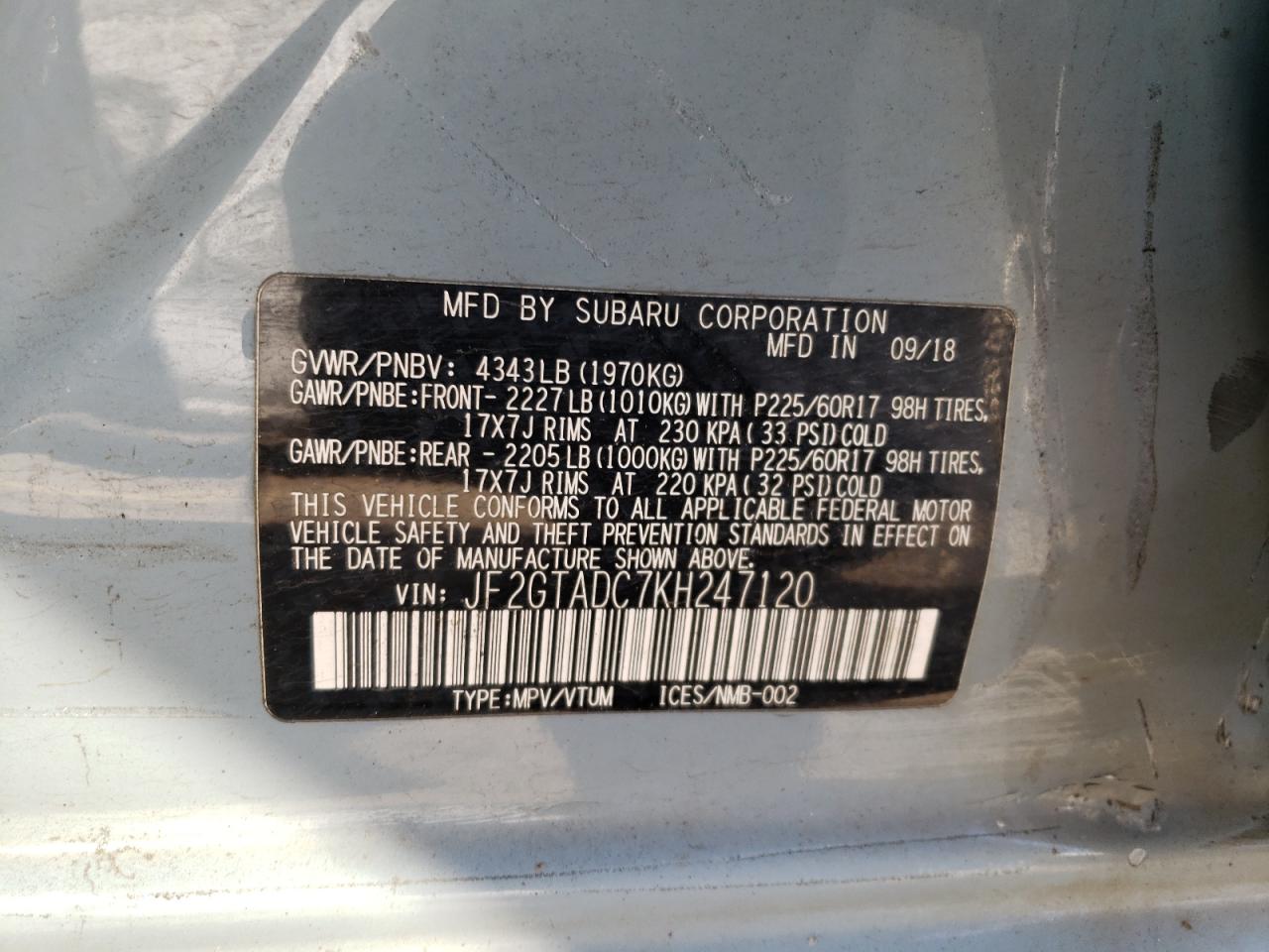 2019 Subaru XV VIN JF2GTADC7KH247120 Copart auction photo, all over damage thumbnail 12