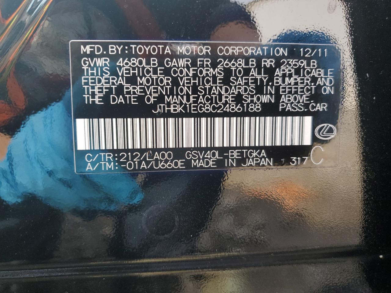 2012 Lexus ES VIN JTHBK1EG8C2486188 Copart auction photo, front end damage thumbnail 13