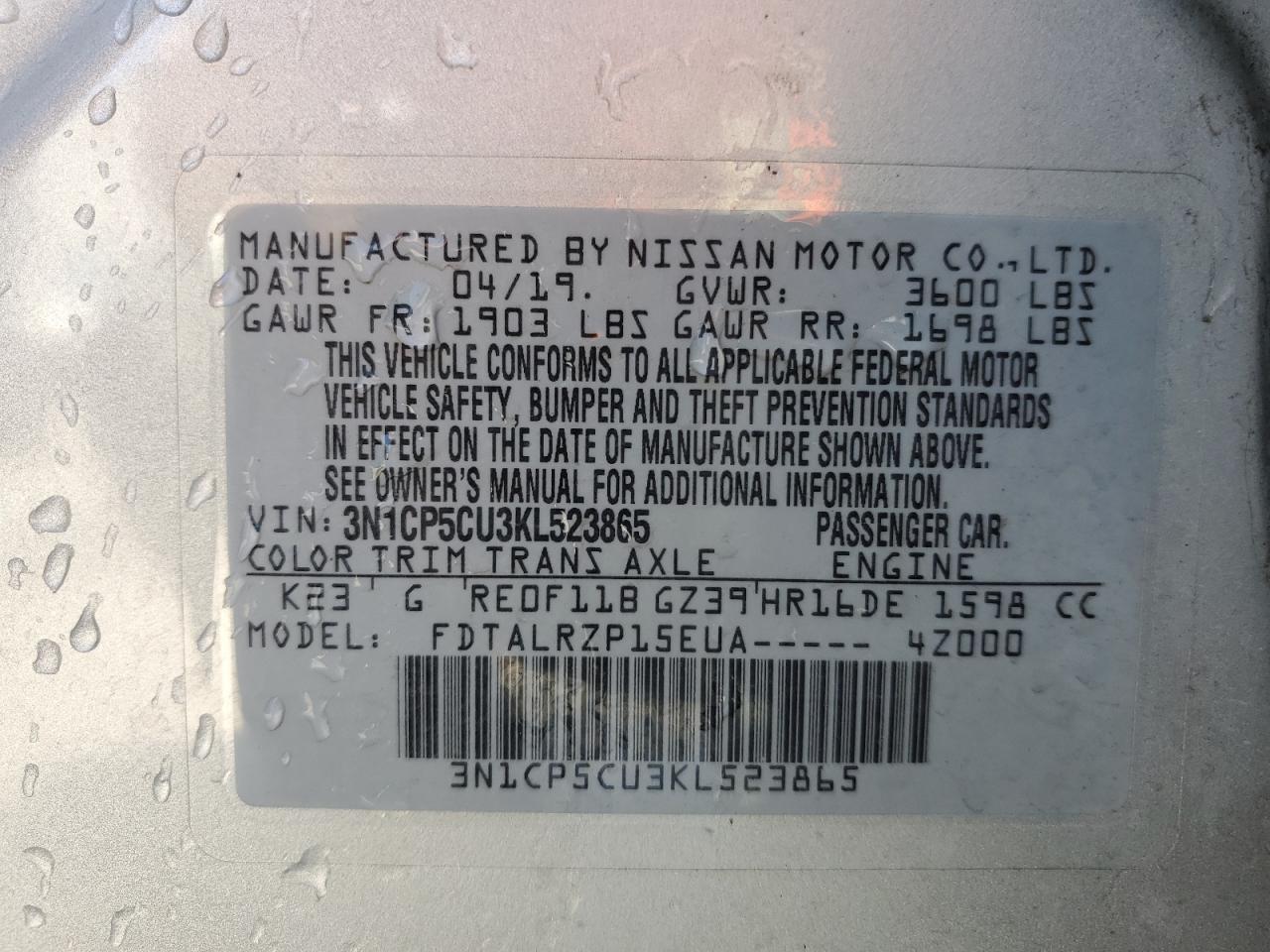 2019 Nissan Kicks VIN 3N1CP5CU3KL523865 Copart auction photo, front end / minor dent/scratches damage thumbnail 13