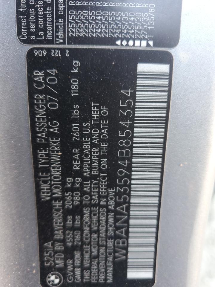 2004 BMW 5er VIN WBANA53594B854354 Copart auction photo, side damage thumbnail 12