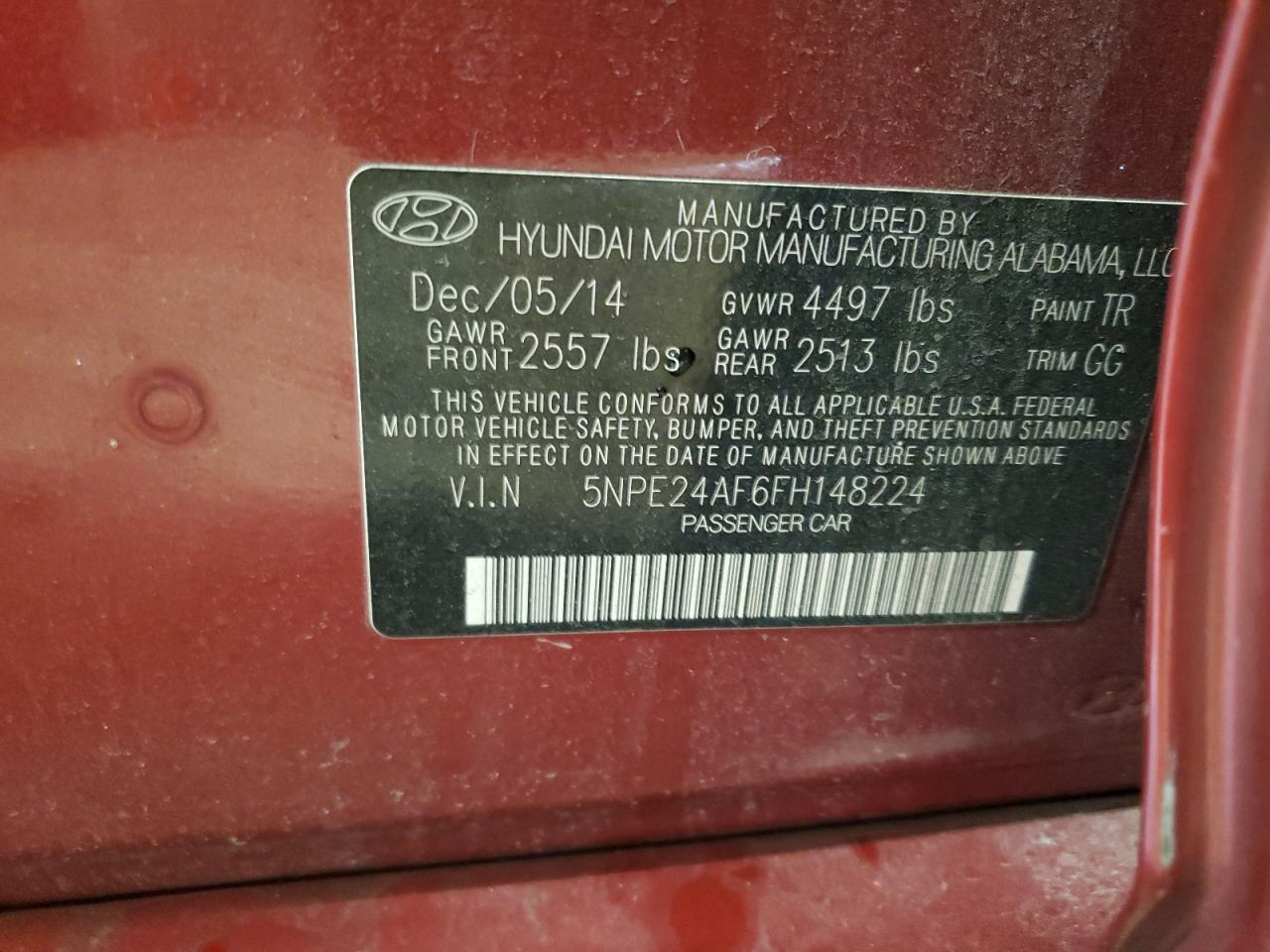 2015 Hyundai Sonata VIN 5NPE24AF6FH148224 Copart auction photo, vandalism / front end damage thumbnail 12