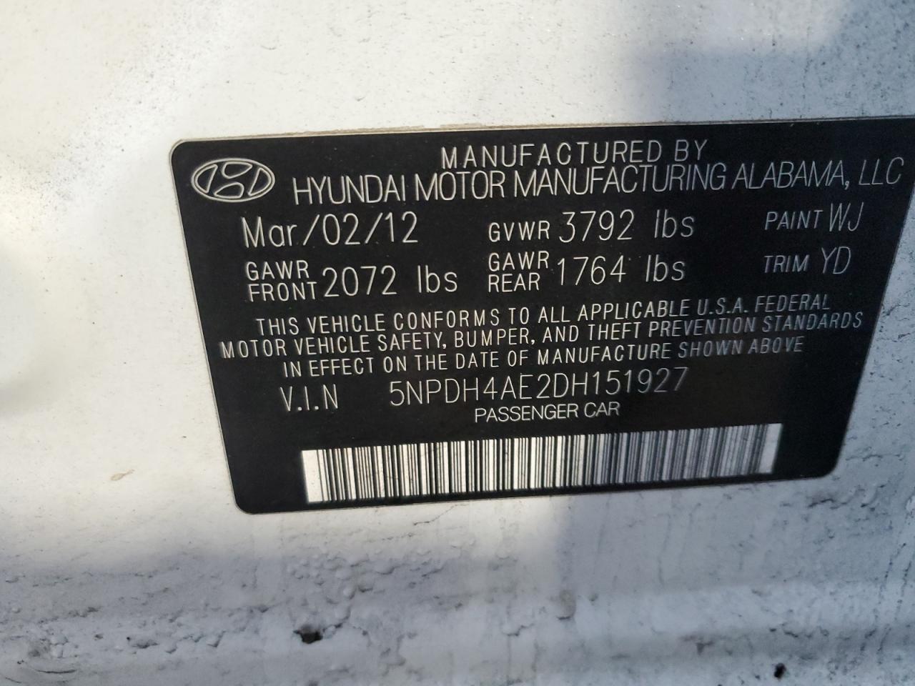 2013 Hyundai Elantra VIN 5NPDH4AE2DH151927 Copart auction photo, front end / side damage thumbnail 12