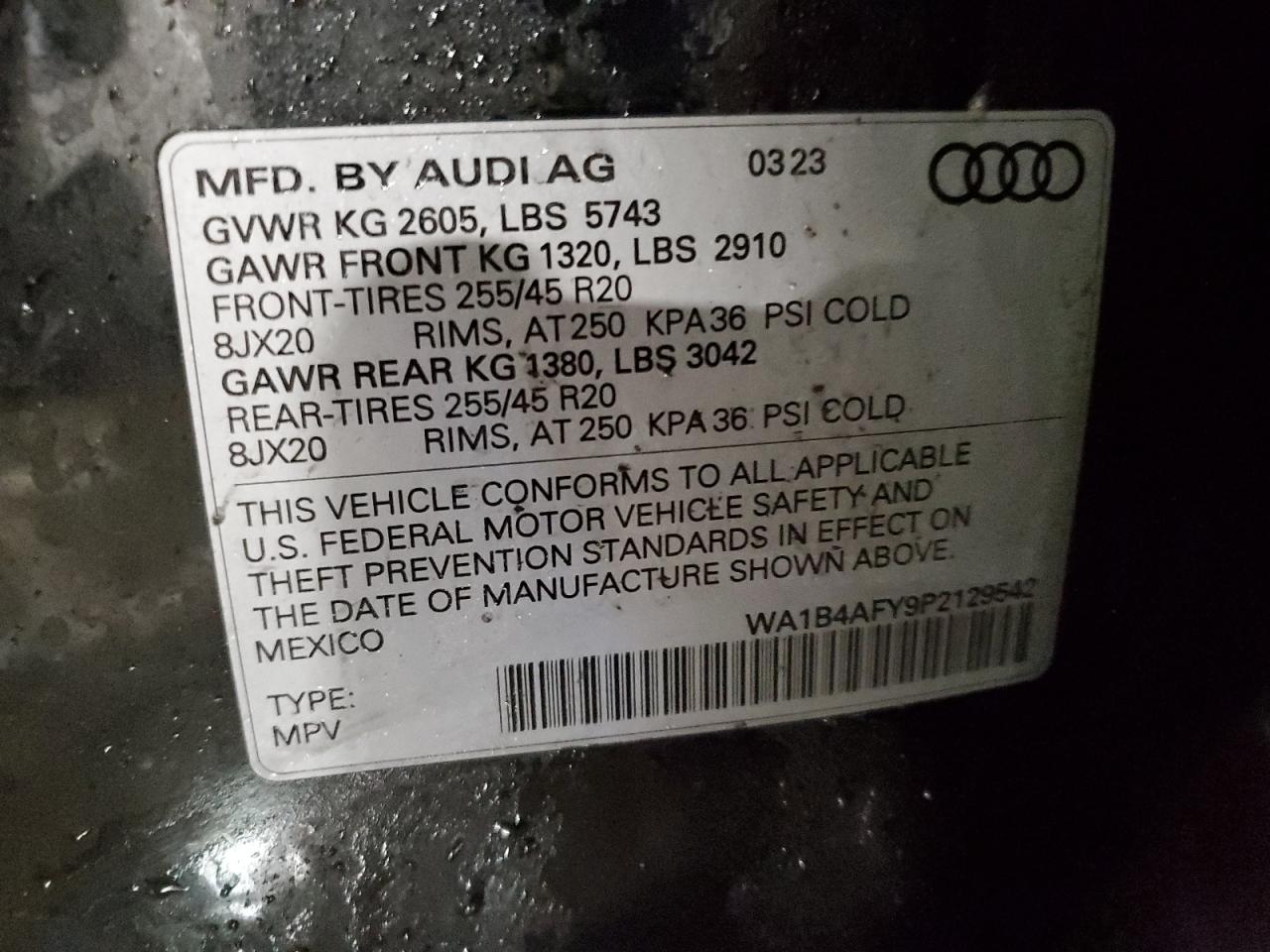 2023 Audi SQ5 VIN WA1B4AFY9P2129542 Copart auction photo, biohazard/chemical / all over damage thumbnail 13