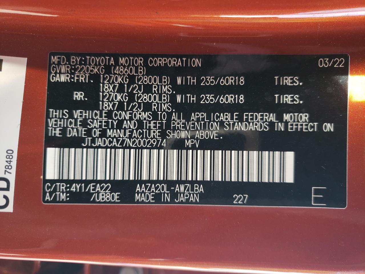 2022 Lexus NX VIN JTJADCAZ7N2002974 Copart auction photo, all over damage thumbnail 14