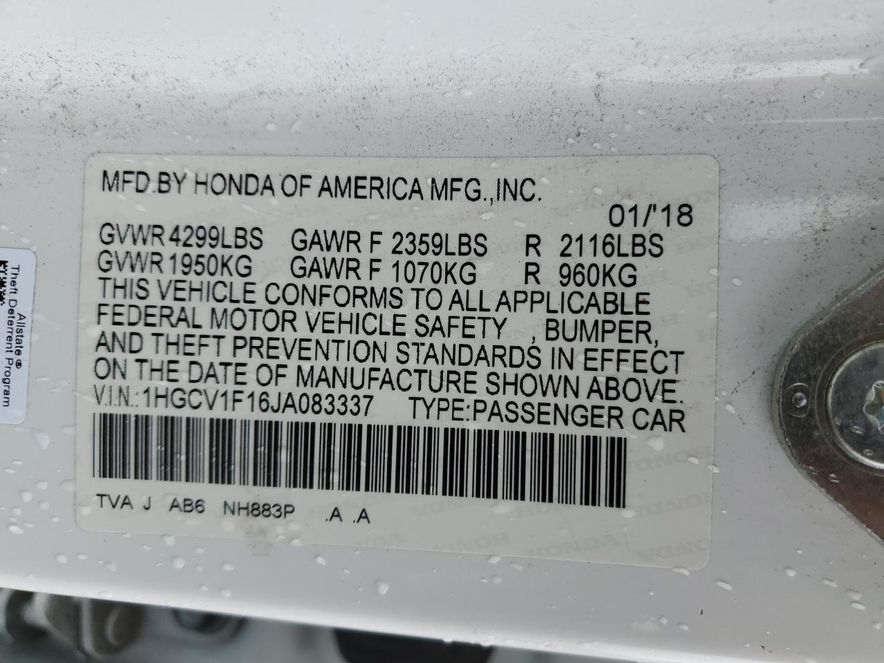 2018 Honda Accord VIN 1HGCV1F16JA083337 Copart auction photo, front end / undercarriage damage thumbnail 14