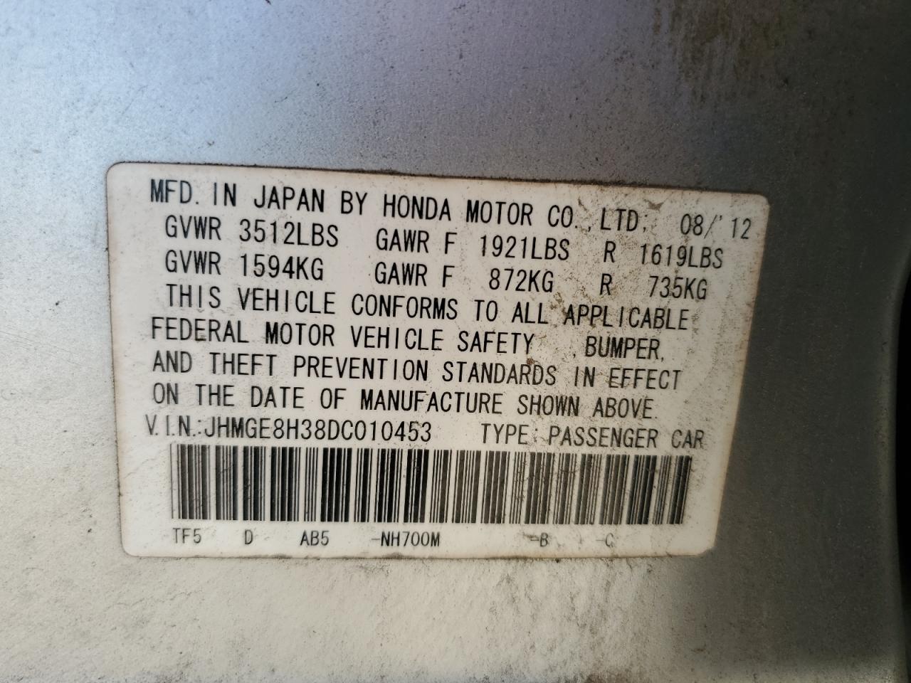 2013 Honda Fit VIN JHMGE8H38DC010453 Copart auction photo, undercarriage damage thumbnail 12