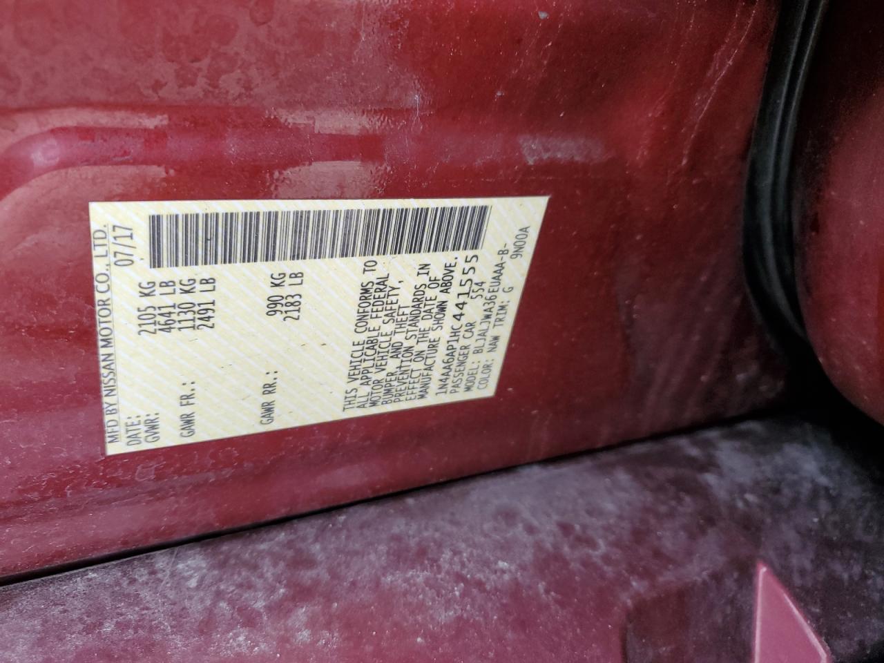 2017 Nissan Maxima VIN 1N4AA6AP1HC441555 Copart auction photo, water/flood damage thumbnail 13