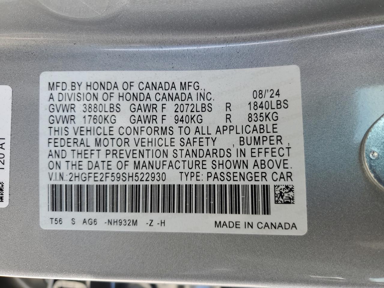 2025 Honda Civic VIN 2HGFE2F59SH522930 Copart auction photo, rear end damage thumbnail 12
