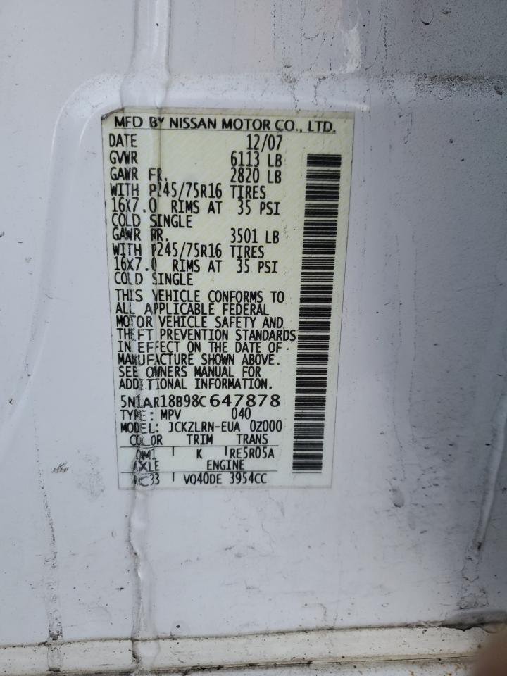 2008 Nissan Pathfinder VIN 5N1AR18B98C647878 Copart auction photo, front end damage thumbnail 14