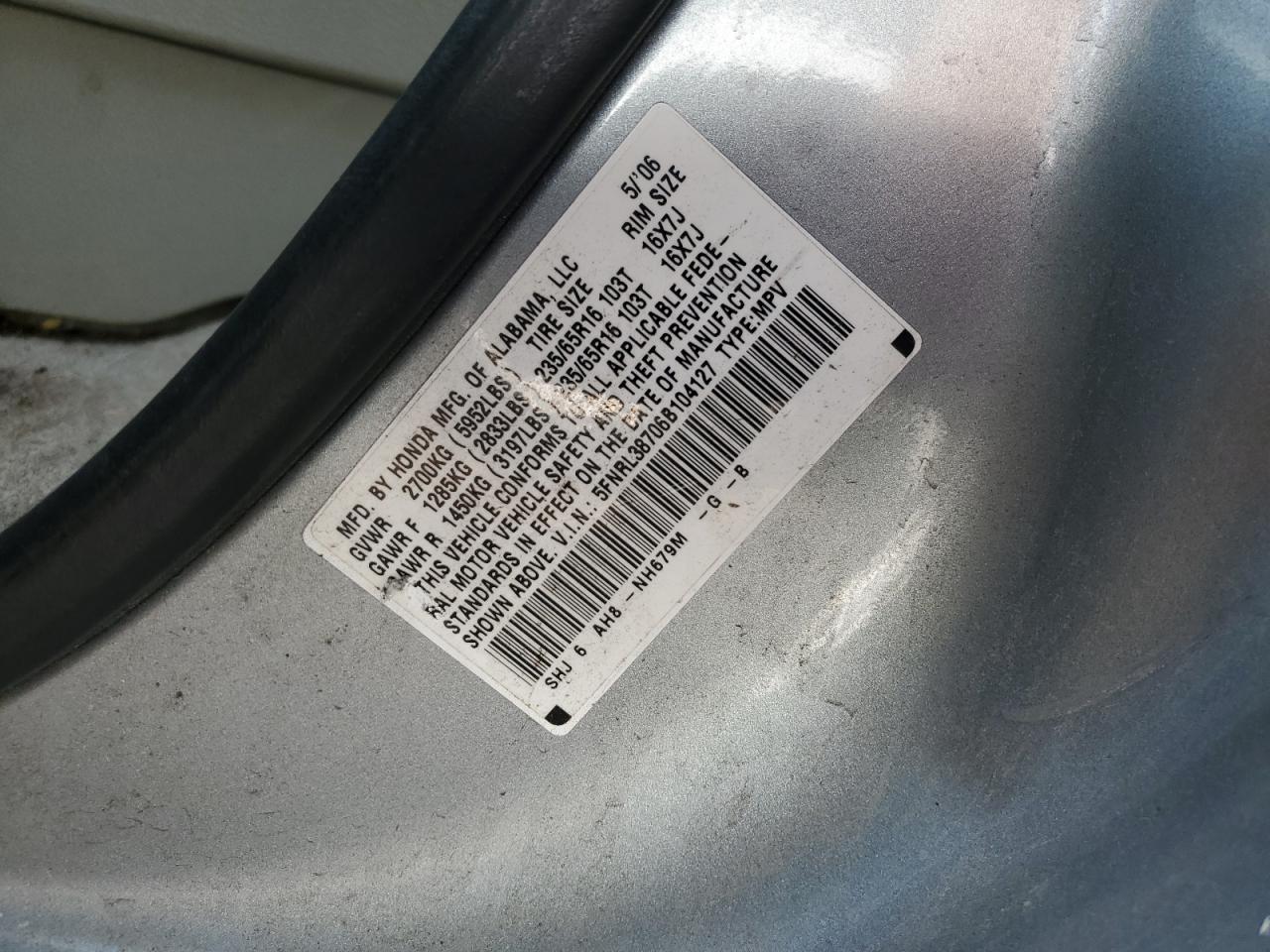 2006 Honda Odyssey VIN 5FNRL38706B104127 Copart auction photo, front end damage thumbnail 13