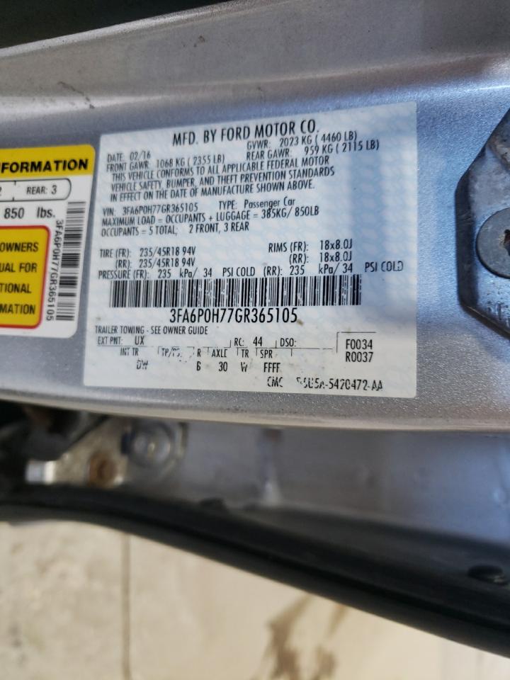 2016 Ford Fusion VIN 3FA6P0H77GR365105 Copart auction photo, front end / burn damage thumbnail 12