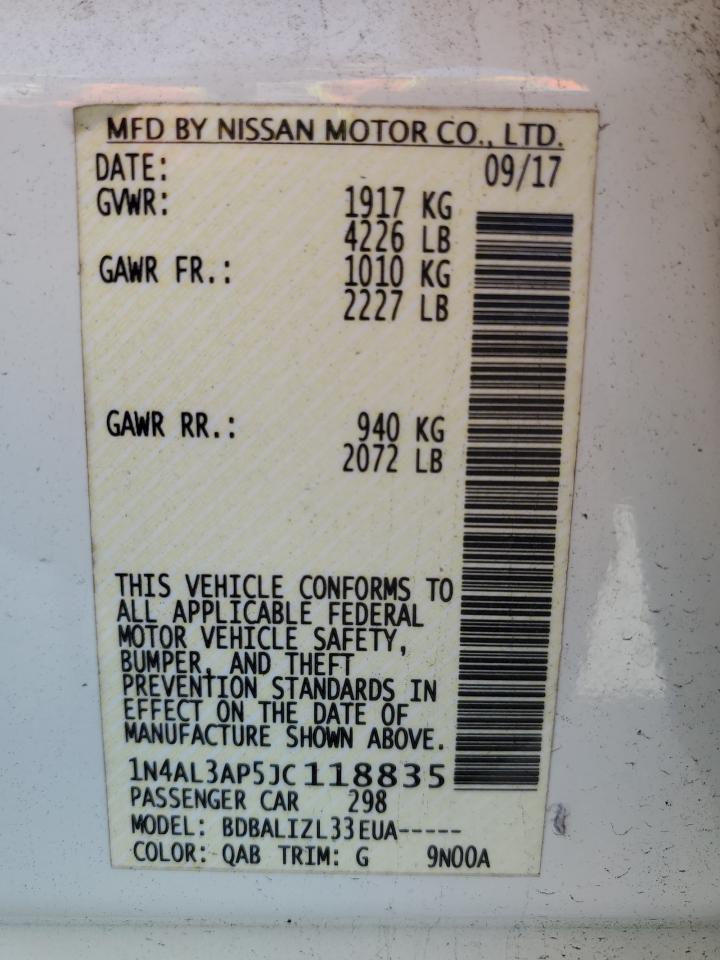 2018 Nissan Altima VIN 1N4AL3AP5JC118835 Copart auction photo, rear end / side damage thumbnail 13