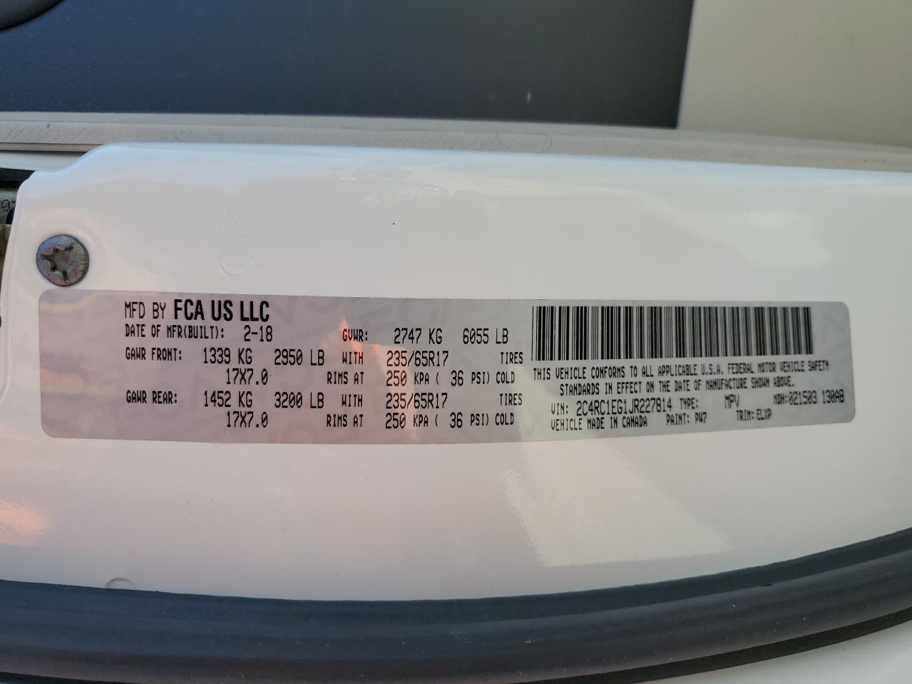 2018 Chrysler Pacifica VIN 2C4RC1EG1JR227814 Copart auction photo, front end damage thumbnail 13