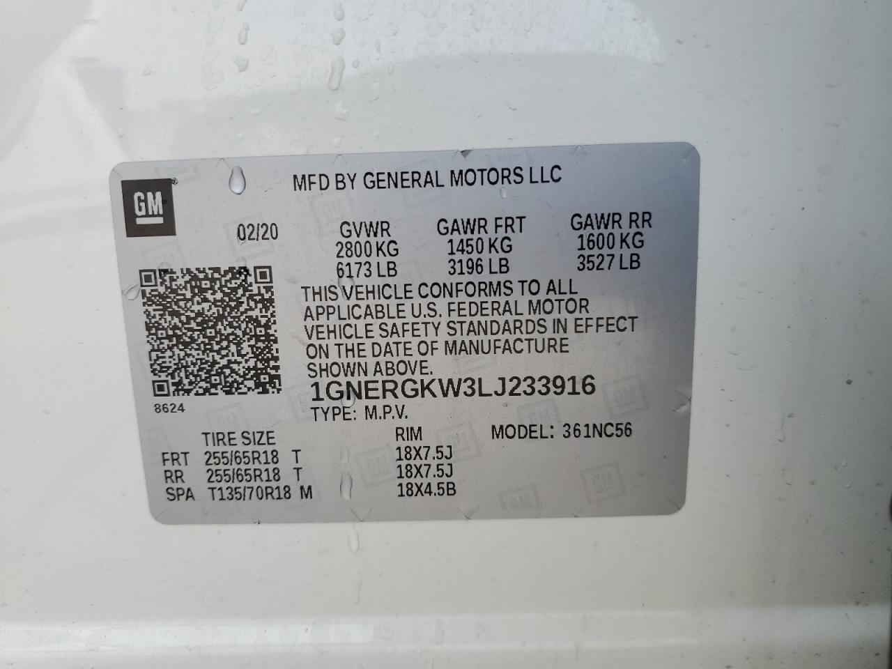 2020 Chevrolet Traverse VIN 1GNERGKW3LJ233916 Copart auction photo, front end damage thumbnail 13