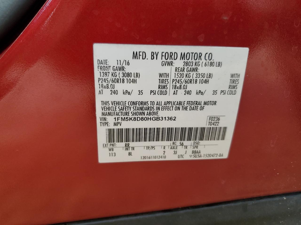 2017 Ford Explorer VIN 1FM5K8D80HGB31362 Copart auction photo, side / front end damage thumbnail 15