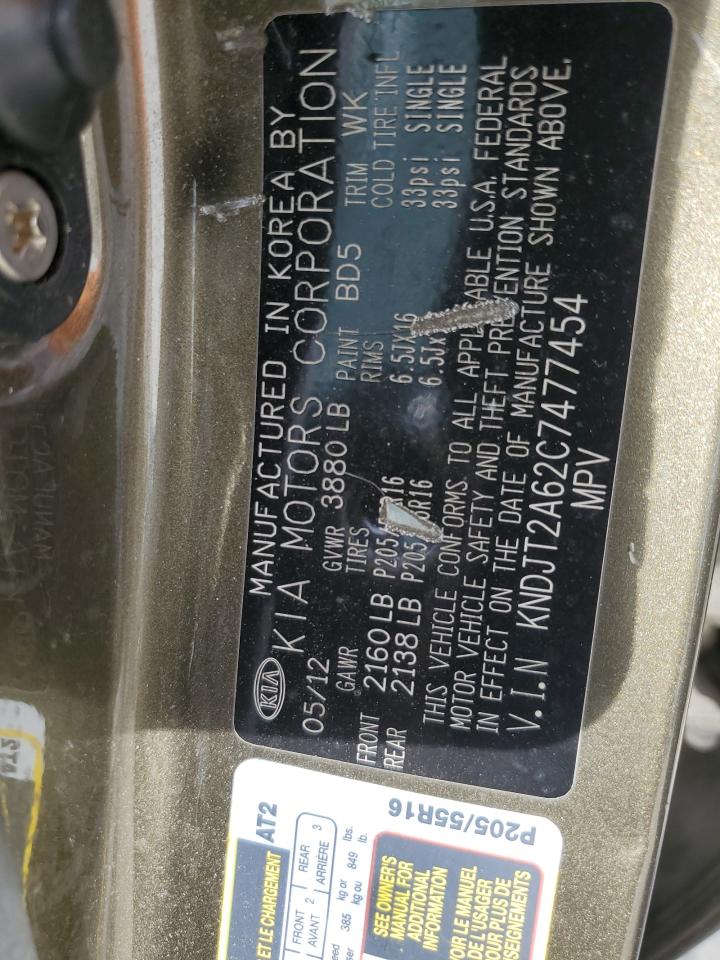 2012 KIA Soul VIN KNDJT2A62C7477454 Copart auction photo, rear end / side damage thumbnail 12