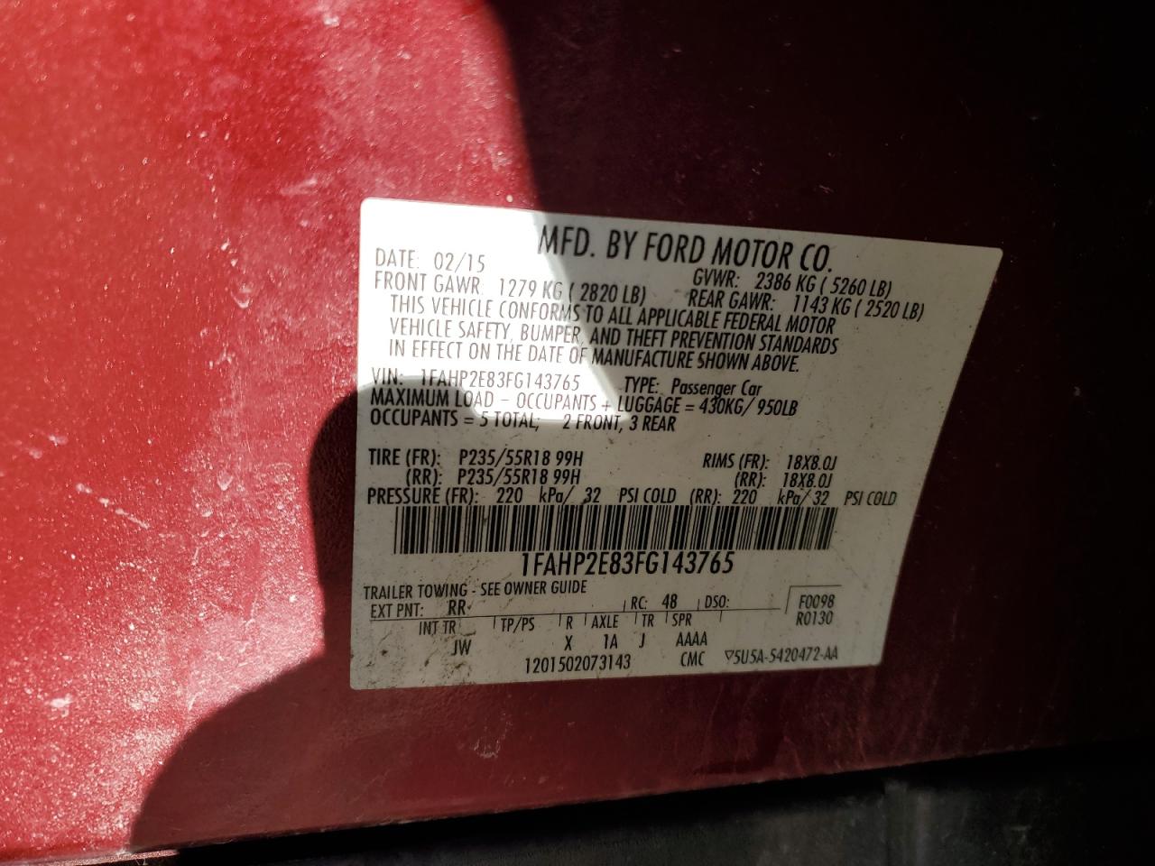 2015 Ford Taurus VIN 1FAHP2E83FG143765 Copart auction photo, undercarriage damage thumbnail 12
