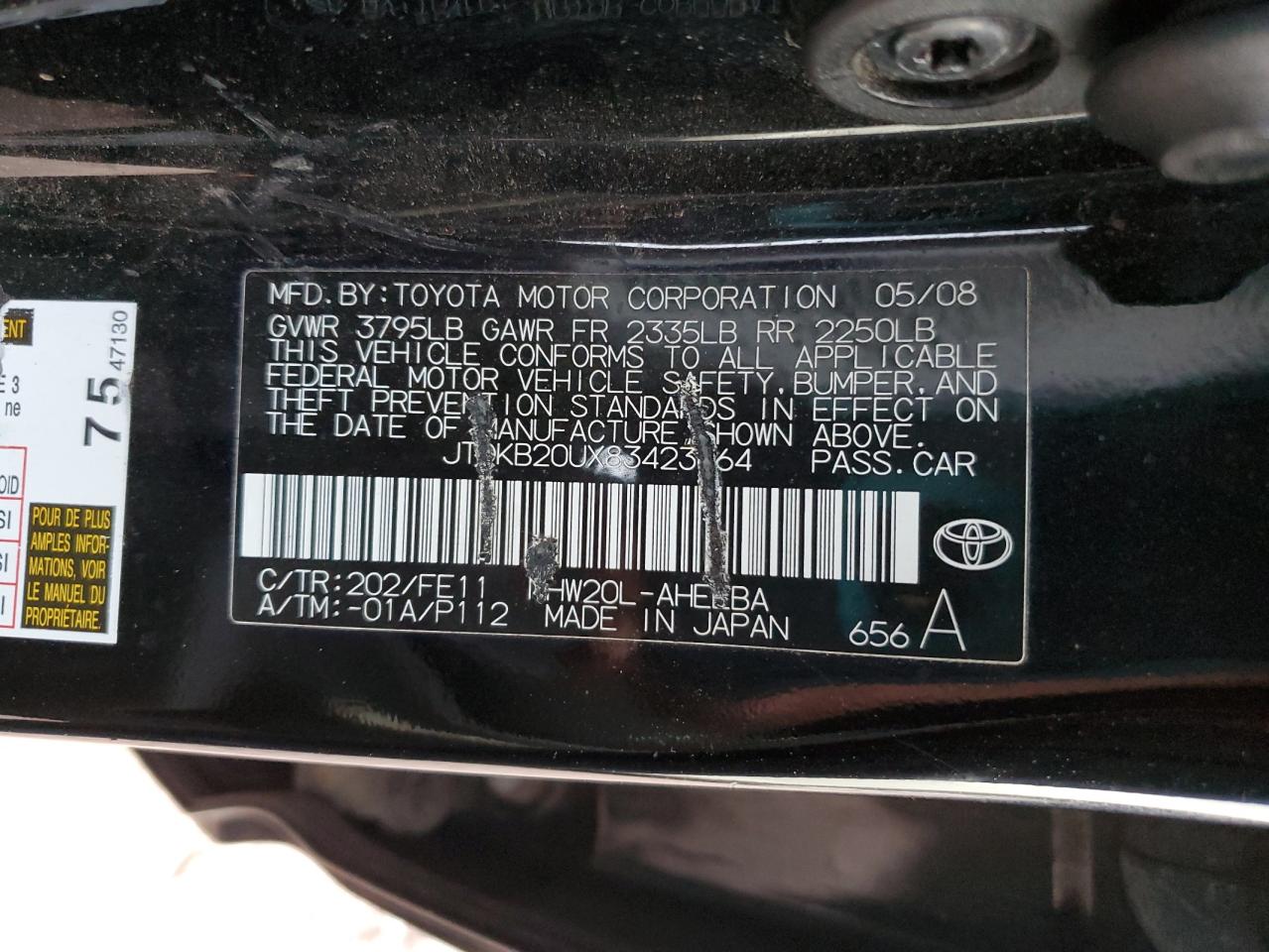 2008 Toyota Prius VIN JTDKB20UX83423664 Copart auction photo, front end damage thumbnail 12