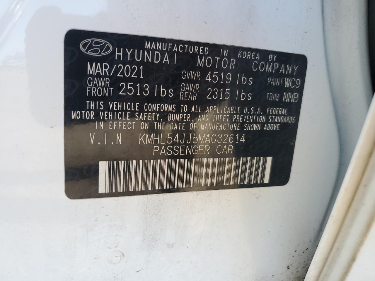 2021 Hyundai Sonata VIN KMHL54JJ5MA032614 Copart auction photo, front end / side damage thumbnail 12