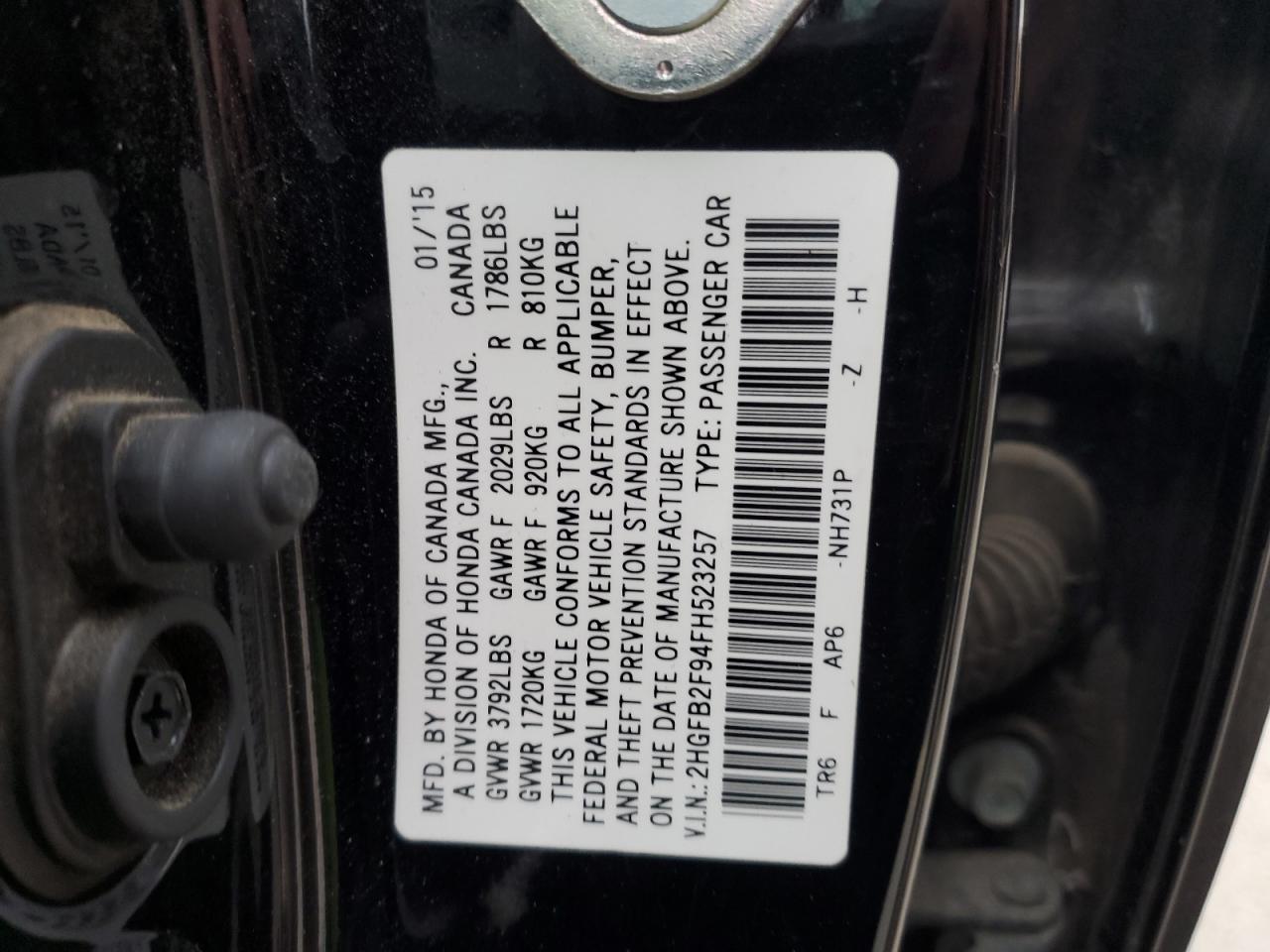 2015 Honda Civic VIN 2HGFB2F94FH523257 Copart auction photo, front end damage thumbnail 15