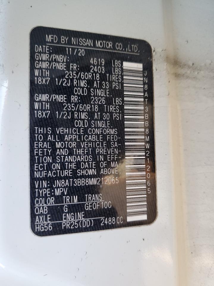 2021 Nissan Rogue VIN JN8AT3BB8MW212065 Copart auction photo, rear end / front end damage thumbnail 13